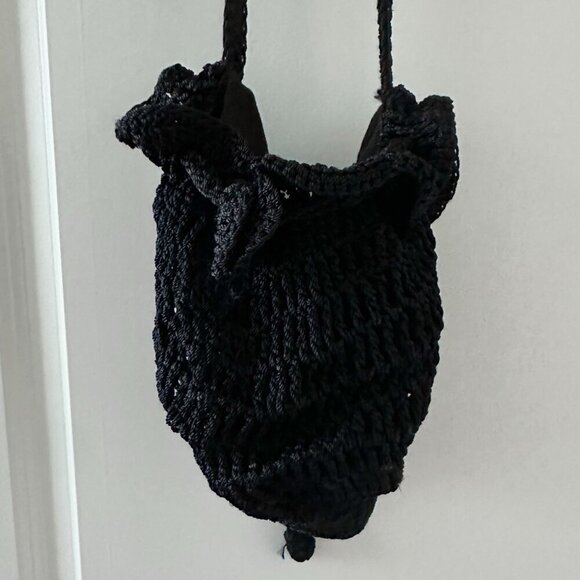 Vintage Handmade Black Crochet Drawstring Bucket Bag Boho Hippie Cottagecore - Picture 9 of 11